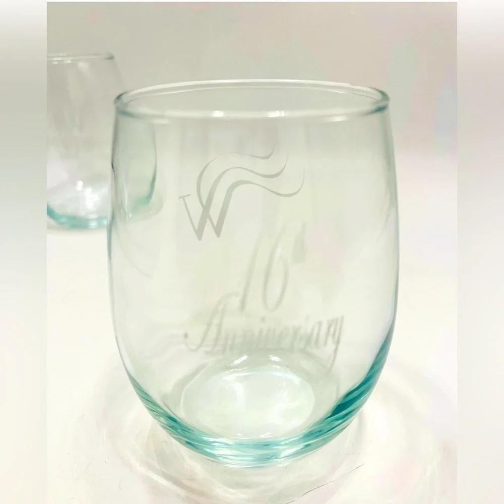 Set of 2 Stemless Wine Glasses 16th Anniversary Monogrammed W